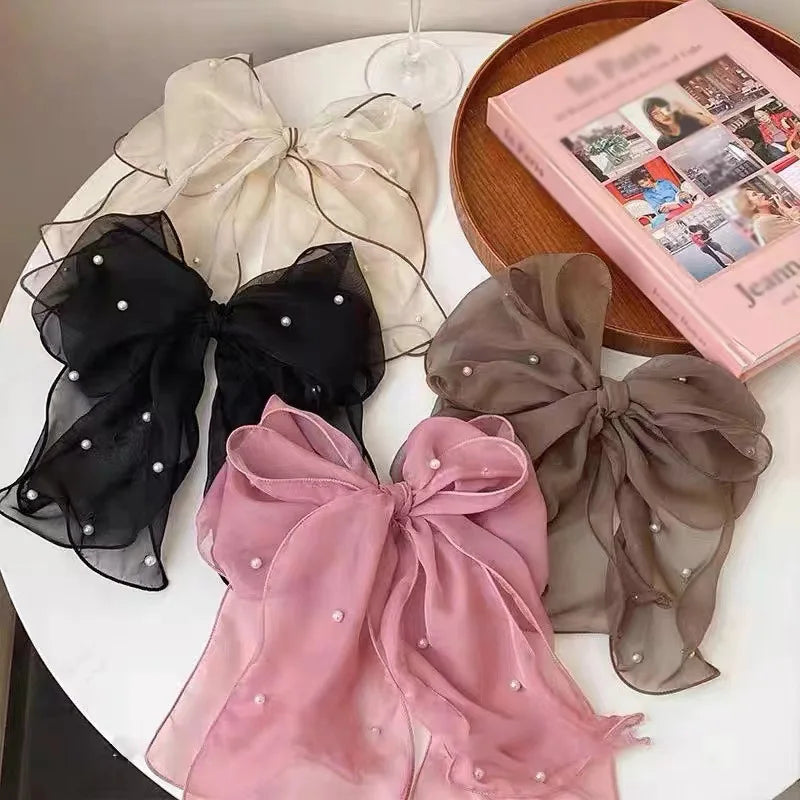 IVANHOE New Chiffon Bow Hair Clip Women's Hair Card Fluffy Headwear Korean Pearl Top Clip