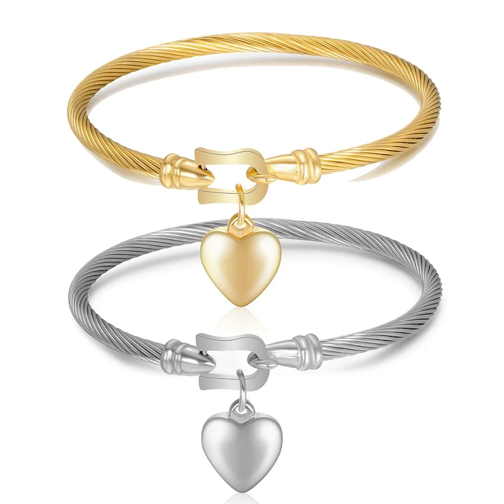 Wholesale Stainless Steel Charm Bracelet Woman Bracelets Twisted Cable Heart Charm Jewelry Bracelet Gift for Women