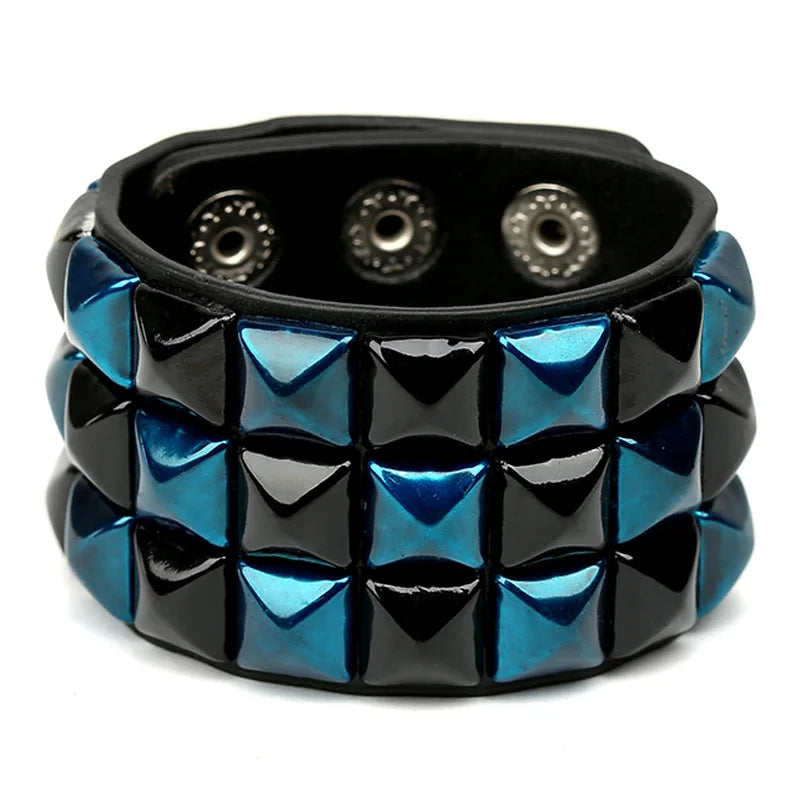 Men's Punk Rock Style Wide Leather Bracelet Square Nail Metal Pyramid Personalized Fashion Bangle with PU Leather