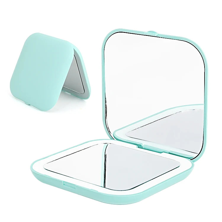 Custom Logo Small Mini Hand Held With Led Light Makeup Mirror Travel Folding Cosmetic Hand Compact Pocket Mirror
