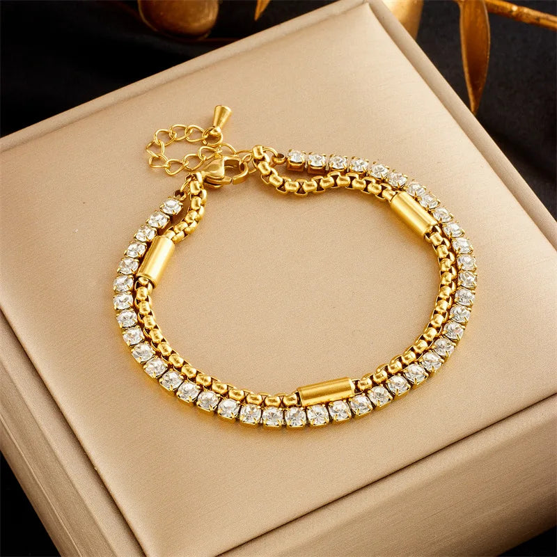 New Trendy Stainless Steel Double Layered Chain 18k Gold Plated Zircon Bangle Bracelet Jewelry