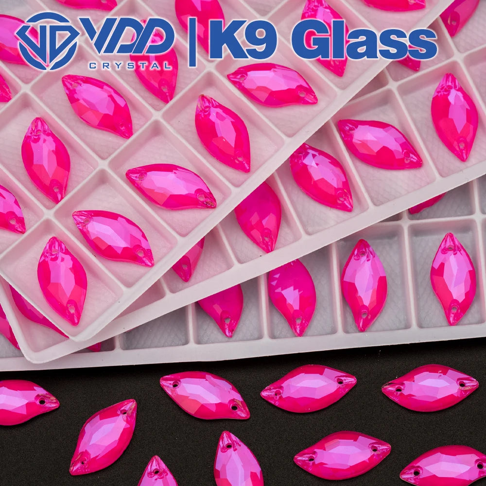 VDD 10x20mm Leaf K9 Top Quality Neon Rose Glass Sew on Rhinestones Sewing Crystal Flat Back Stones for Clothes Dress Decorations