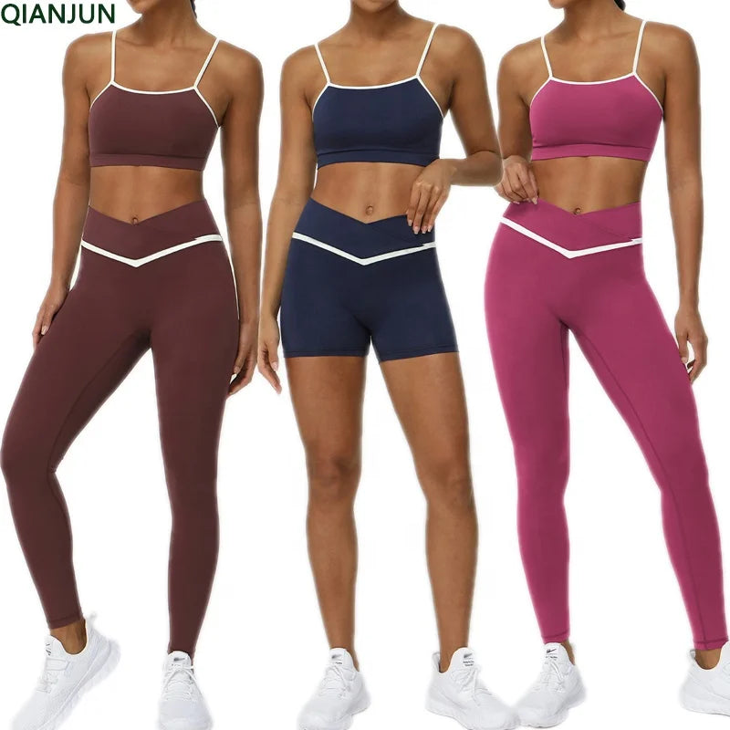 2025 New Contrast Color Yoga Suit Set Cross Waist Yoga Pants High Elasticity Gym Yoga Suit for Women