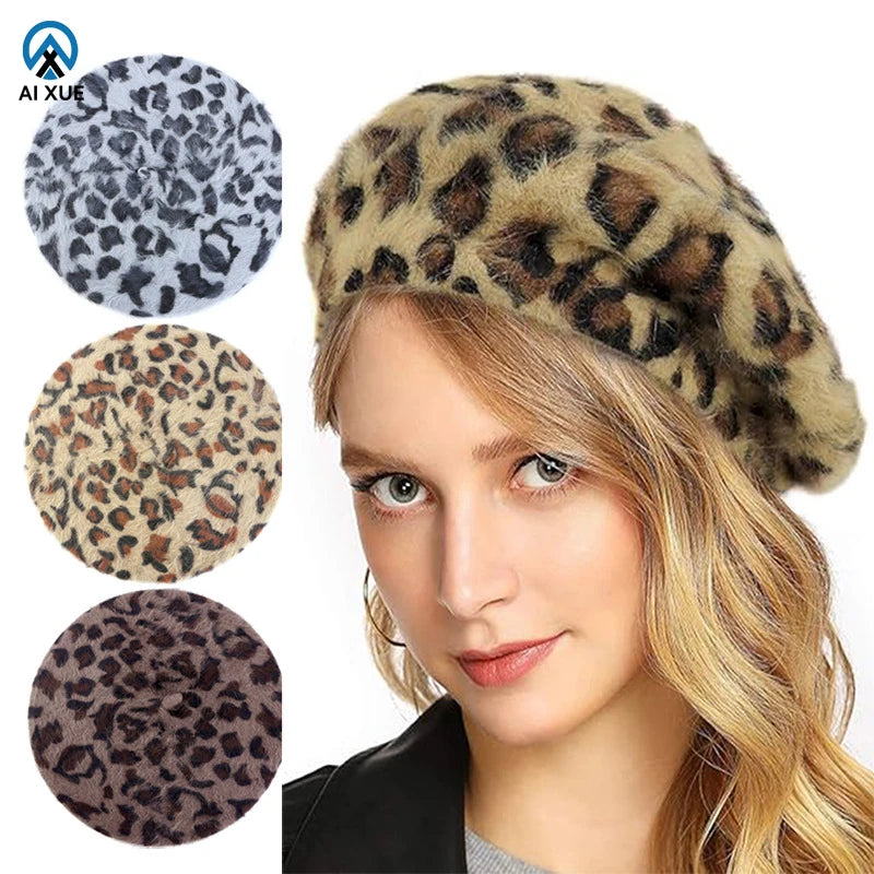 2025 New Arrival Fashionable Caps Factory Custom LOGO Warm Winter Beret Leopard Print Painter Trendy French Beret for Women
