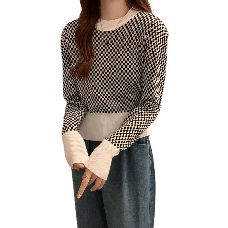 Wholesale New Fashion Casual Women's Autumn Plaid Jacquard Pullover Tops Long Sleeve Rounded Neck Knitwear Custom OEM Short
