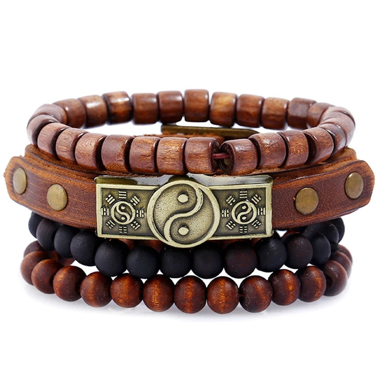 Punk Wood Beads Mens Multi Layered Adjustable Wrap Genuine Leather Charm Yin Yang Bracelet Set Jewelry