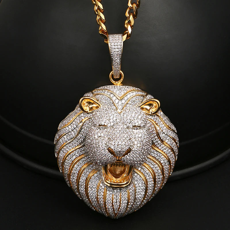 Hot Sale Luxury Big Lion Head Pendant Cubic Zirconia Iced Out Hip Hop Sliver Gold Jewelry Charm Animal Pendant for Men