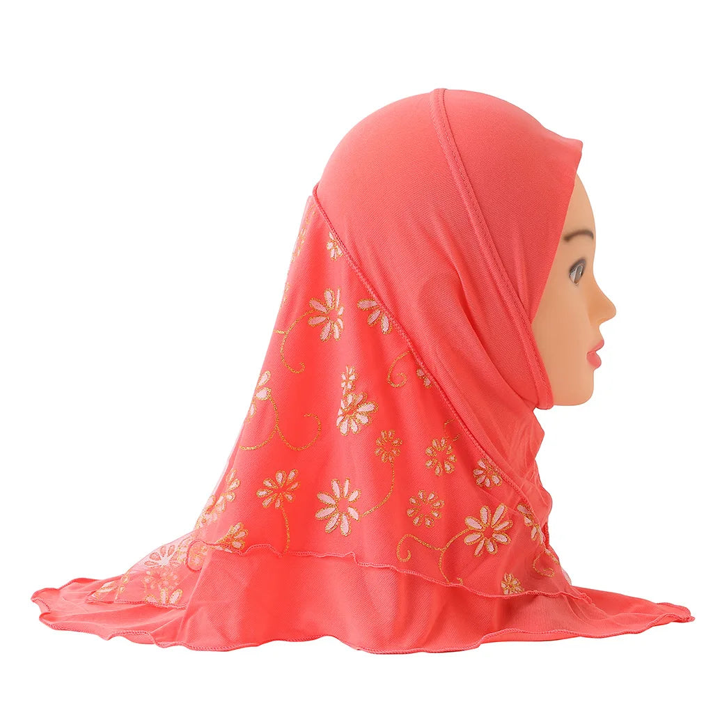 2 to 7-year-old Girls Ethnic Stitching Head Scarf Polyester Cotton Jersey Fabric Muslim Hijab for Daily Wear