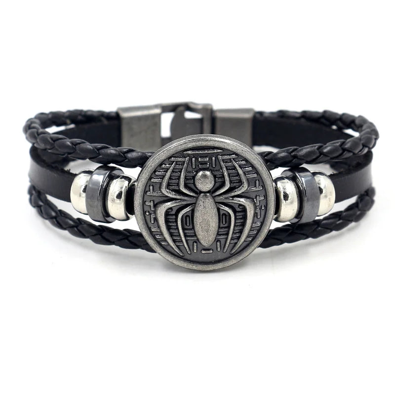 Vintage Jewelry Alloy Spider Pattern Shield Multi-layer Braided Rope Leather Bracelet for Men