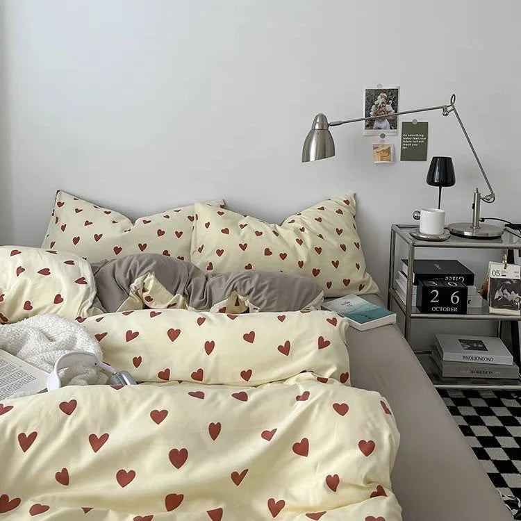 1.5m Soft Skin-Friendly Duvet Cover Set Simple Anti-Bacteria 100% Cotton 4-Piece Fitted Bed Sheet with Pillowcases for Families