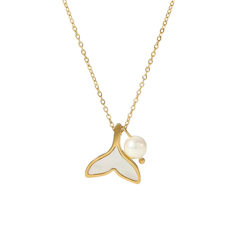 18K Gold Plated Titanium Steel Beautiful Princess Fish Tail Shell Pendant Necklace Fashionable Stainless Steel Jewelry for Girls