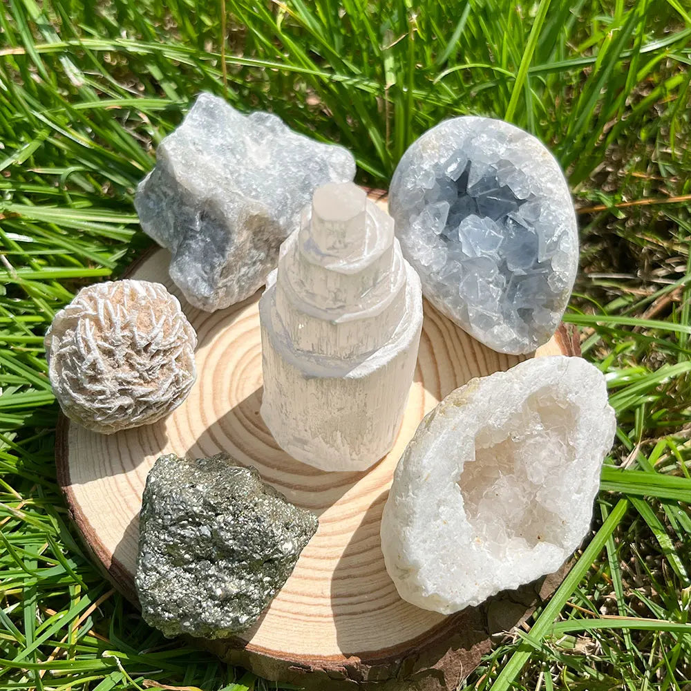 Spiritual Stones Crystals Healing Set Celestite Cluster Geode Egg Selenite Tower Desert Rose Moonstone Witchcraft Kit