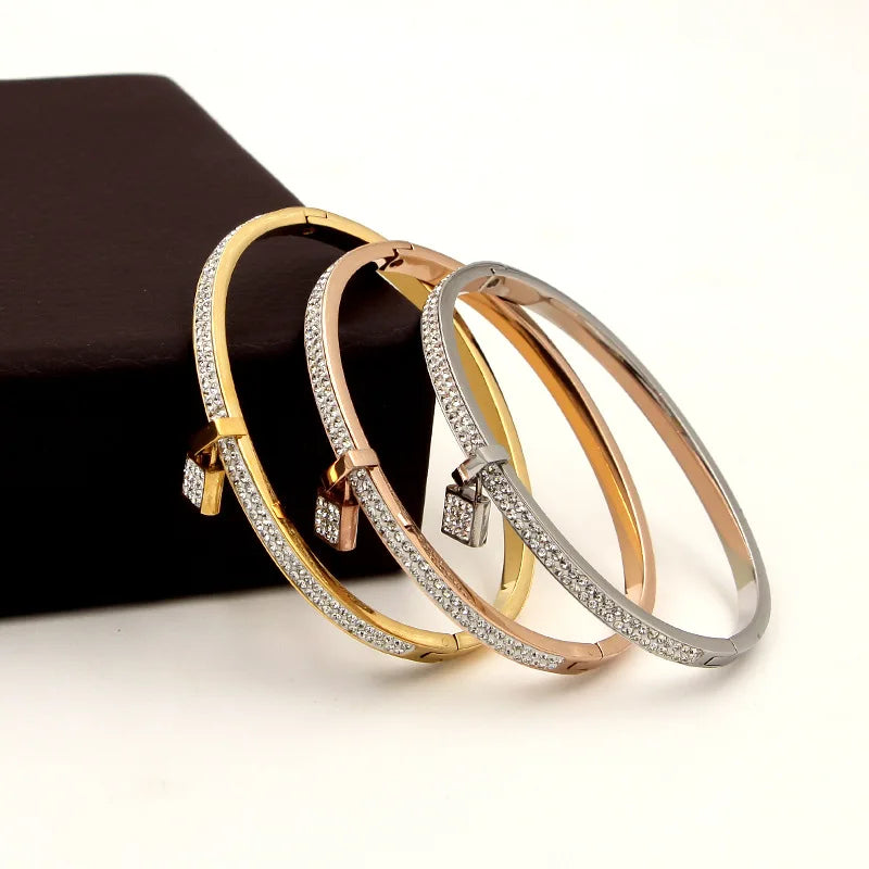 Bright Full Lock Head Buckle Cuff Bangle Fashionable Personality Crystal Small Lock Bracelet Stainless Steel
