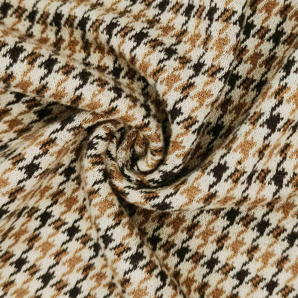 260gsm Houndstooth Dyed Yarn 72% Polyester 26% Rayon 2% Spandex Brushed Jacquard Knitted Roma Fabric Stretch High Grade Dress