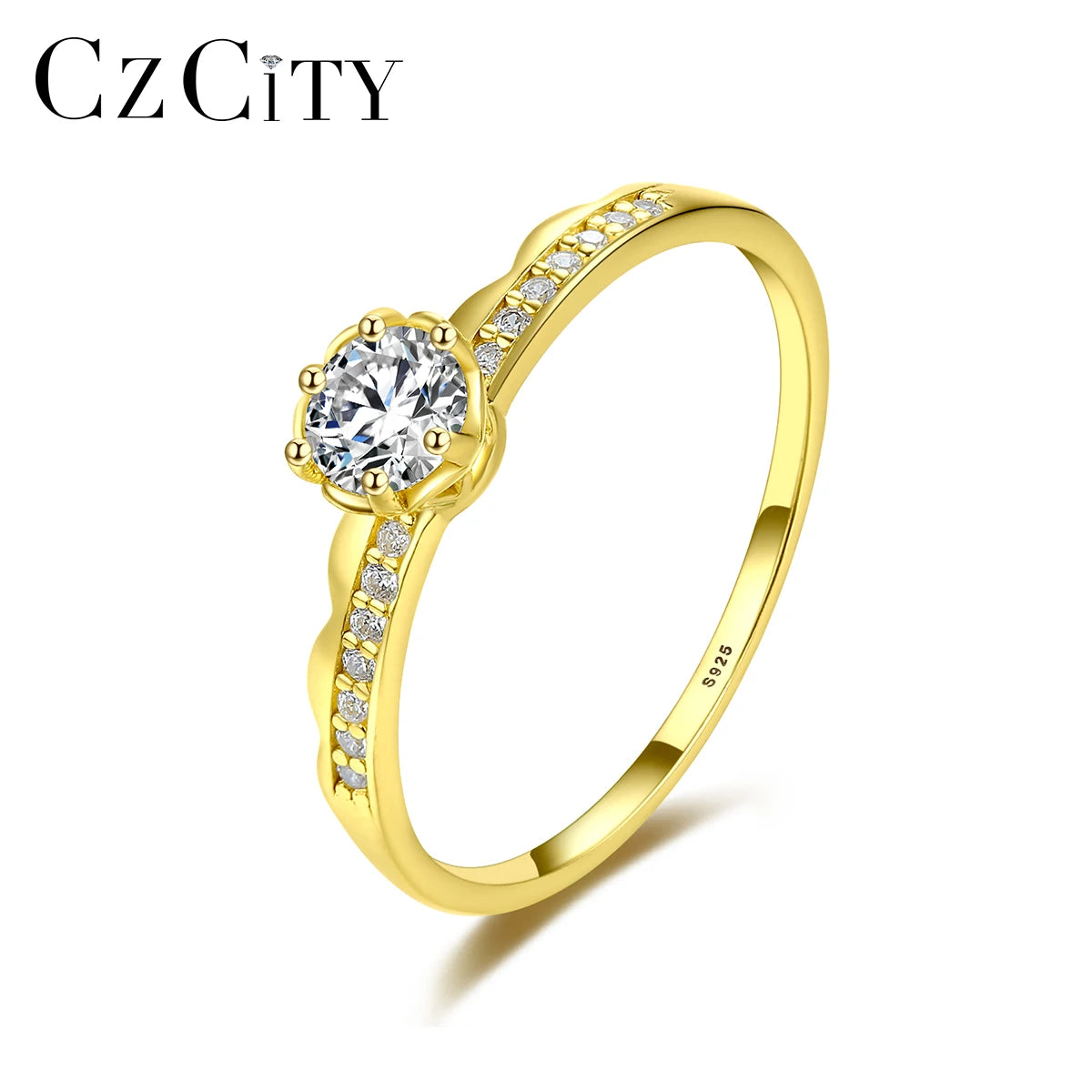CZCITY Love Jewelry 925 Silver Gold Plated Simulated Diamond Zircon Ring for Women Gift Engagement Stackable Ring