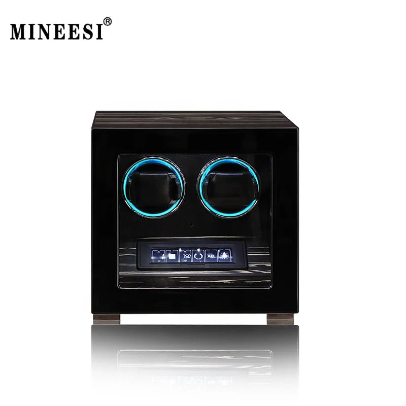 MINEESI F12051 Automatic Watch Winder Wood Fingerprint Unlock 2 Slots Shaker Mechanical Watches Storage Box LCD Touch Screen