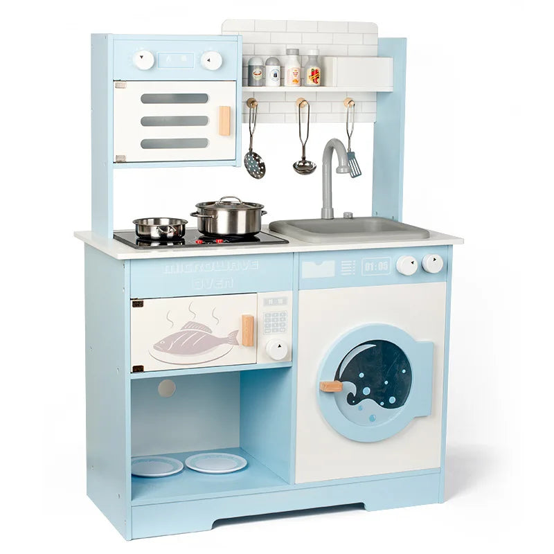 Best-selling New Classic Blue Wooden Kitchen Play Set Educational Equipped With Simulated Sound Light Water Faucet Toys for Kids