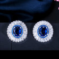 Dazzling White Gold Plated Big Round Rectangle Oval Cubic Zirconia Blue Color Stone Stud Earrings for Girls Fashion Jewelry