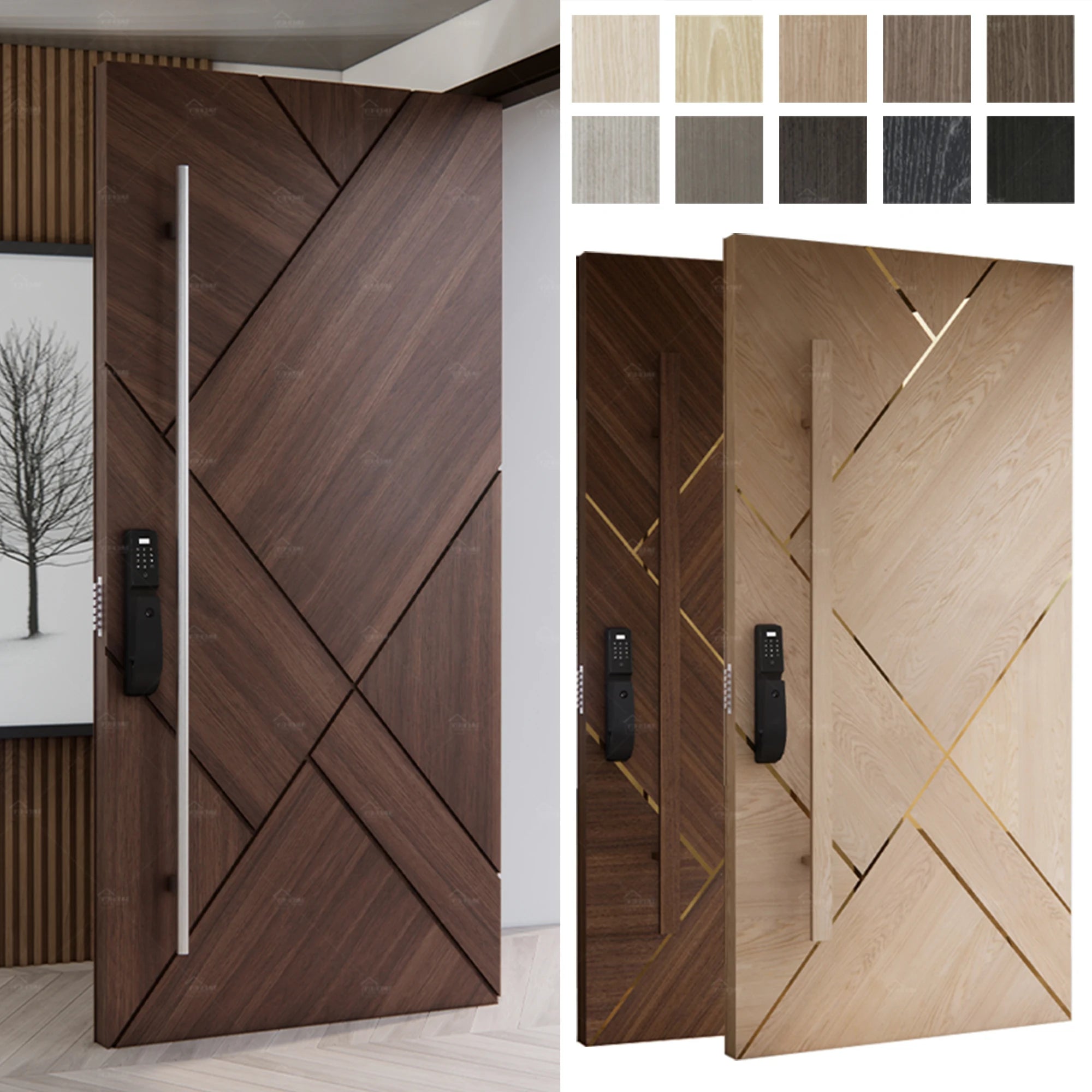Foshan Yohome Custom Europe Style Wooden Smart Lock Main Front Exterior Pivot Door Modern Hotel Entry Door
