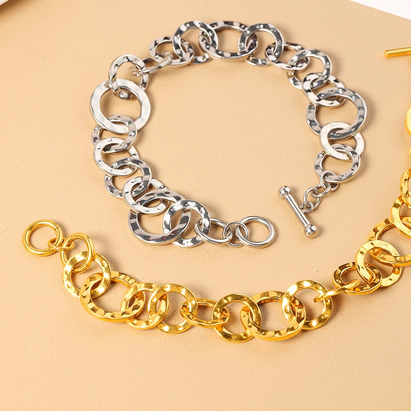 New Trend PVD Gold Plated Stainless Steel OT Clasp Hammered Textured Round Chain Bracelet