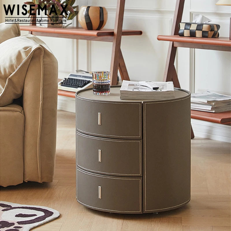 WISEMAX FURNITURE Nordic Bedroom Furniture Round Shape Bedside Table Plywood Storage Saddle Leather Nightstand with 3 Drawer