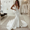 13803# Sexy Mermaid Wedding Dress 2022 Elegant Sleeveless Lace Appliques Bridal Gown Deep V-Neck Backless Zipper Satin Train