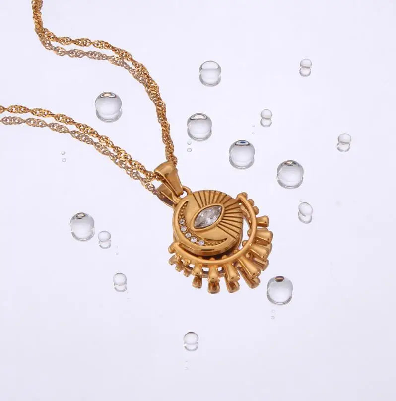 Summer Trendy Vintage 18K Gold Plated Stainless Steel Necklace with Shining Zircon Eye Water Drop Pendant Pearl Main Stone