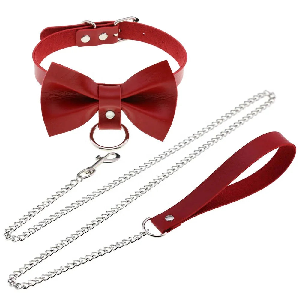 Dark Personality Exaggerated Leather Collar Traction Band Neck Band Trendy Bowknot Traction Rope Collar