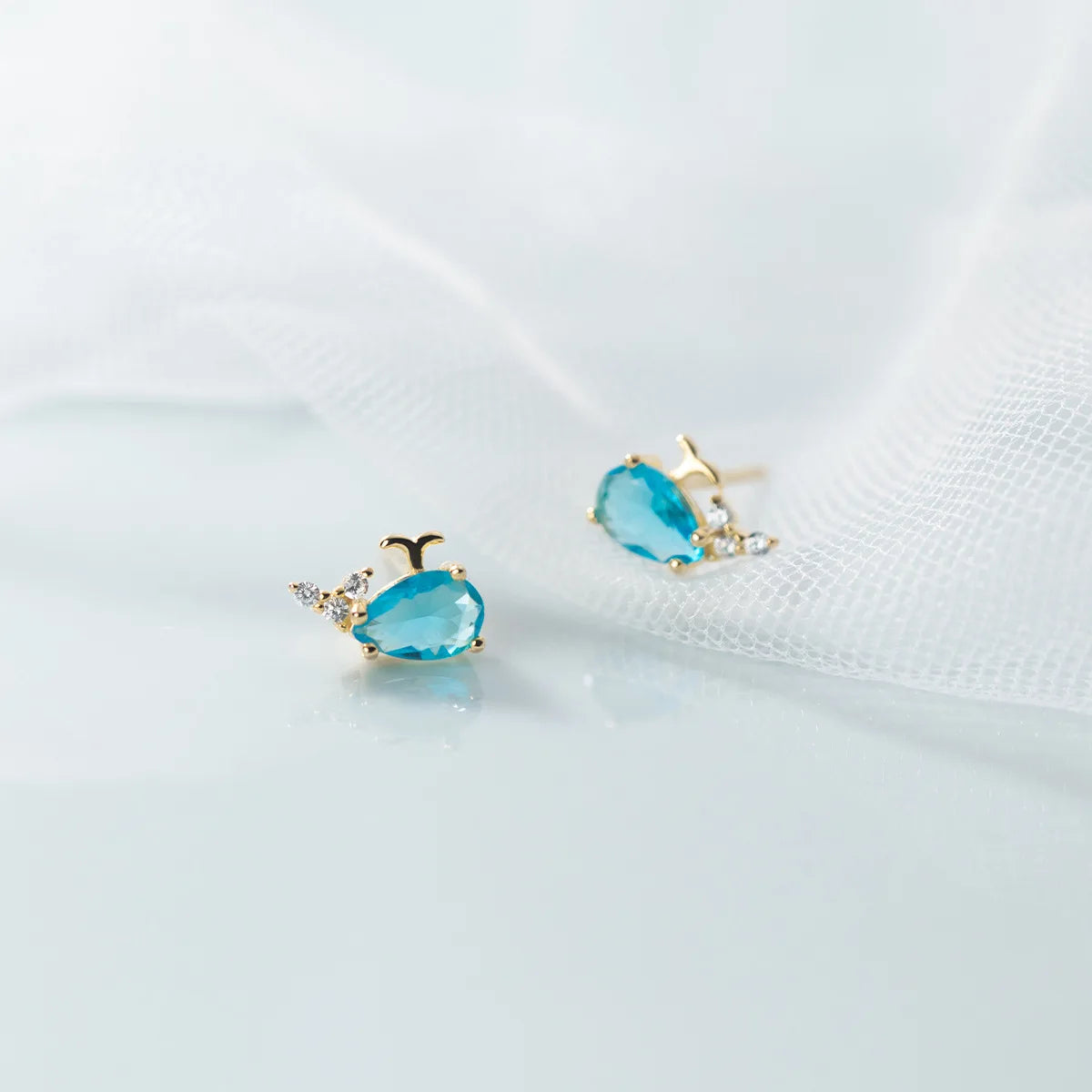 INS Fashion 925 Sterling Silver Lovely Animal Whale Blue Zircon Gold Plated Stud Earrings for Women Children