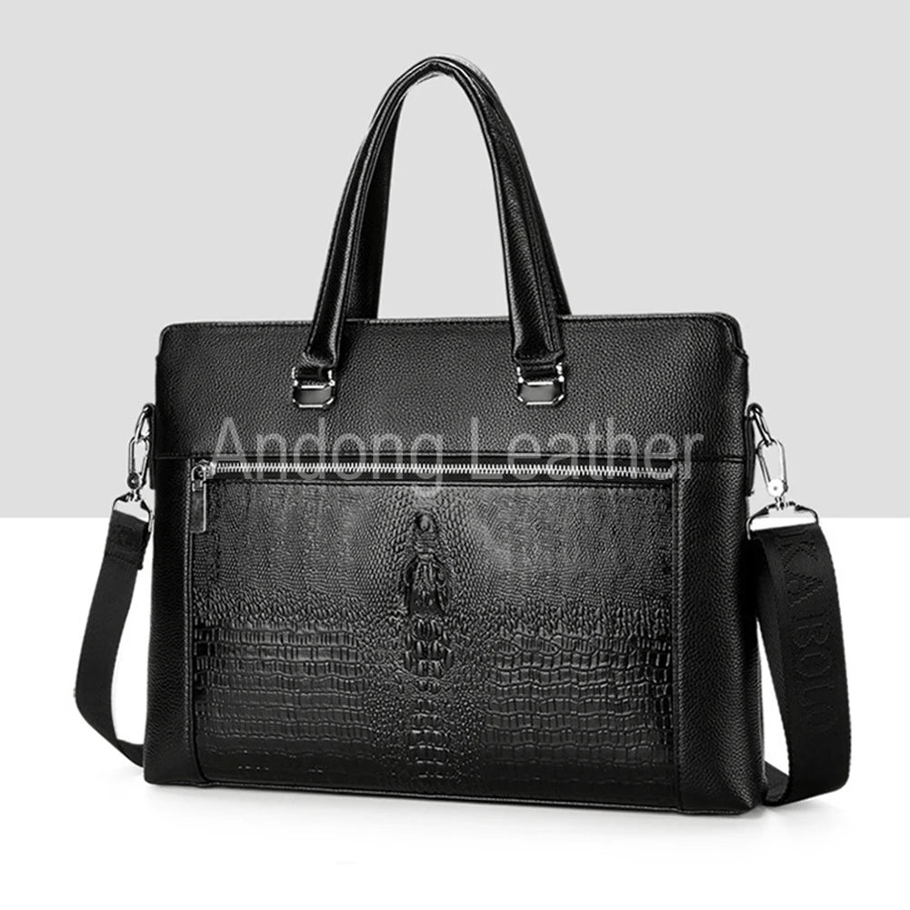 Mens Laptop Briefcase Genuine Cow Leather Crocodile Pattern Man Handbag Business Shoulder Bag Messenger Bags