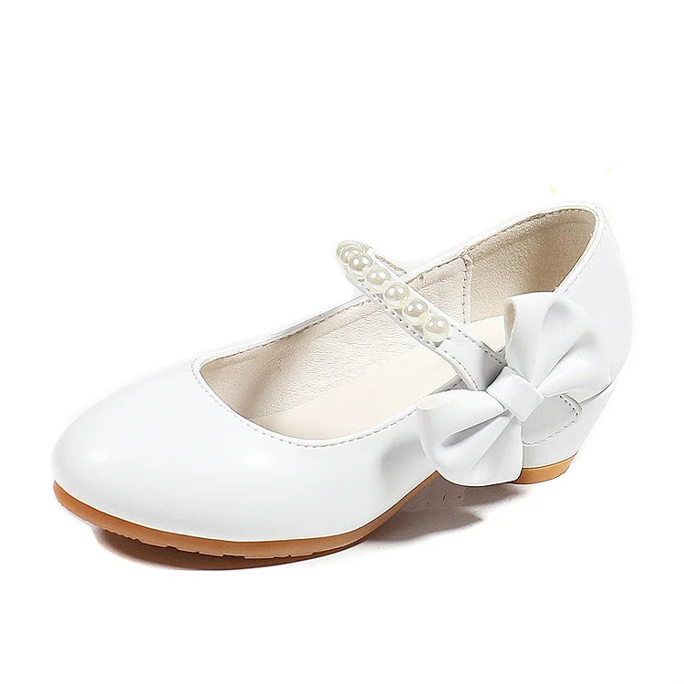 New Korean Version High Heels for Kids White Leather Princess Shoes with Bow Pattern Girls Princess Spring Summer Dance Wear