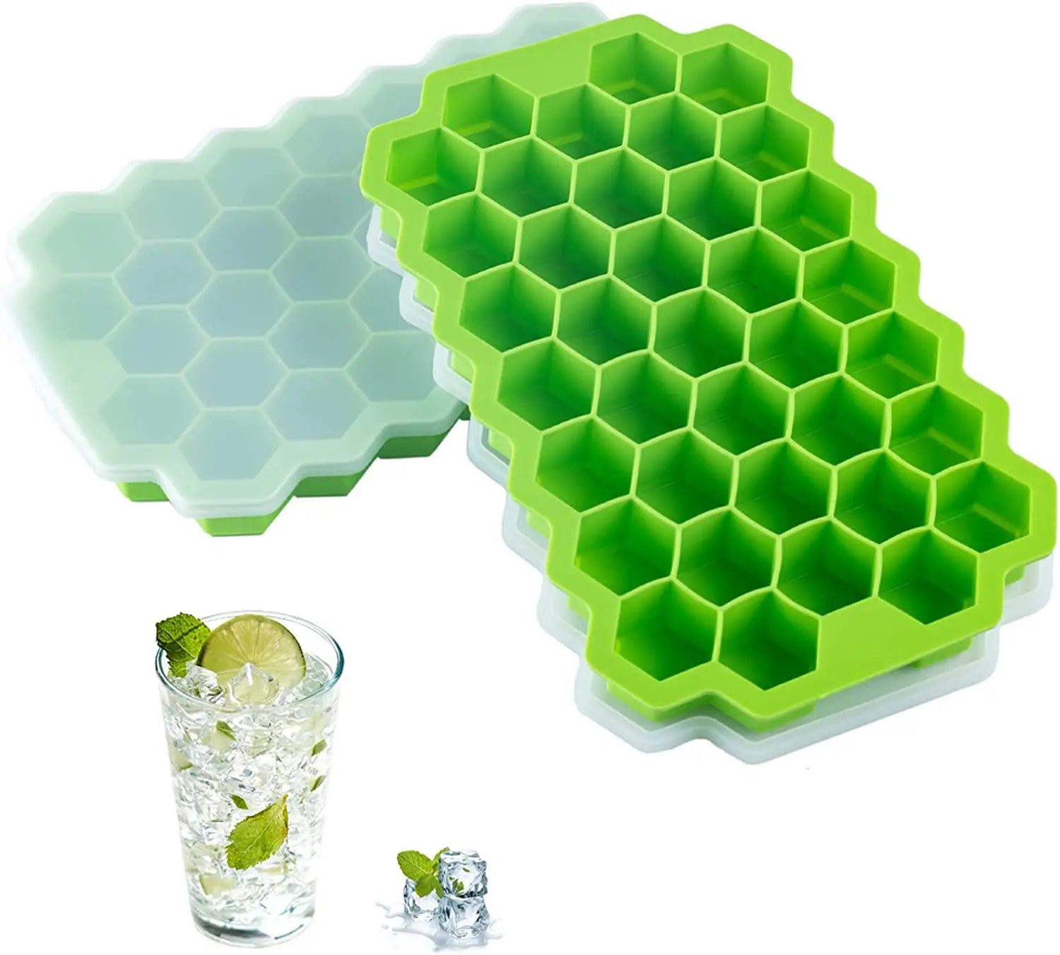 Honeycomb Shape Silicone Flexible Ice Cube Trays with Lid for Chilled Drinks and Cocktails