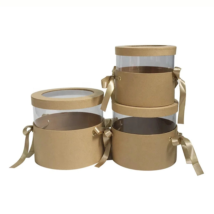 Chengruo 3 PCs Per Set Packaging Materials Hugs Bucket Floral Flower Packing Gift Paper Box With Transparent Lid Ribbon Empty
