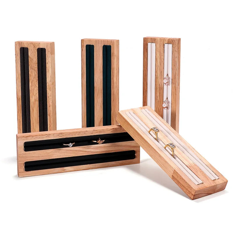 Rectangle Modern Luxury Natural Wood Leather/Velvet 2 Lines Rings Thin Bangle Display Tray Holder Rack Show Case