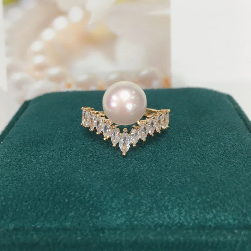 New Dainty Waterproof 18K Gold Plated Pearl Ring Brass Delicate Handmade Multi Beaded Zircon Crown Natural Pearl Ring