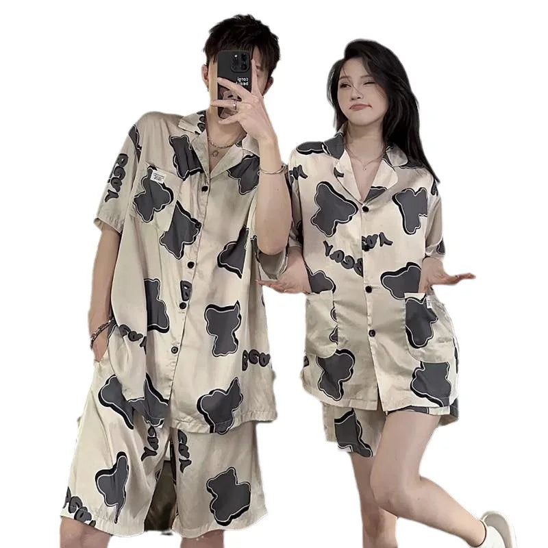 Satin Ice Silk Couple's and Lover's Pajamas Short Sleeve Women's and Men Sleepwear
