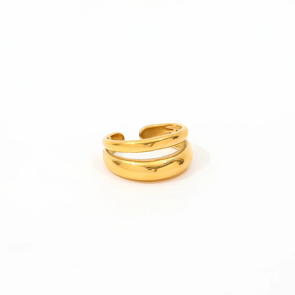 High End 18K Plain Gold Plated 2 Rows Layered  Stainless Steel Ring for Women Trendy Simple  Fashion Jewelry