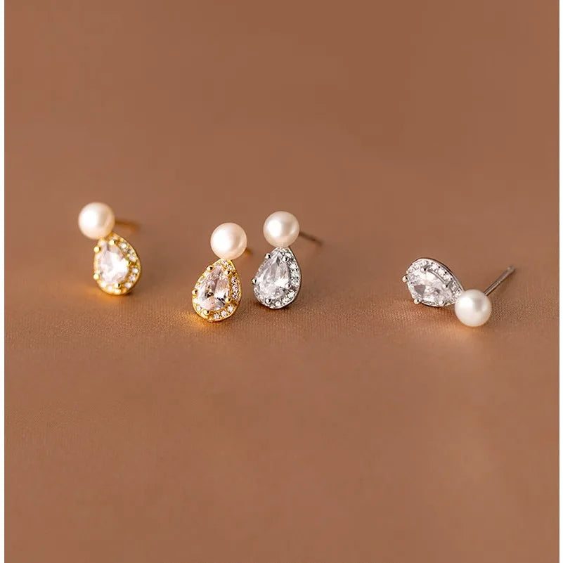 925 Sterling Silver Freshwater Pearl Earrings Cubic Zirconia Water Drop Shape Ear Studs Earings Fashion Jewelry for Women