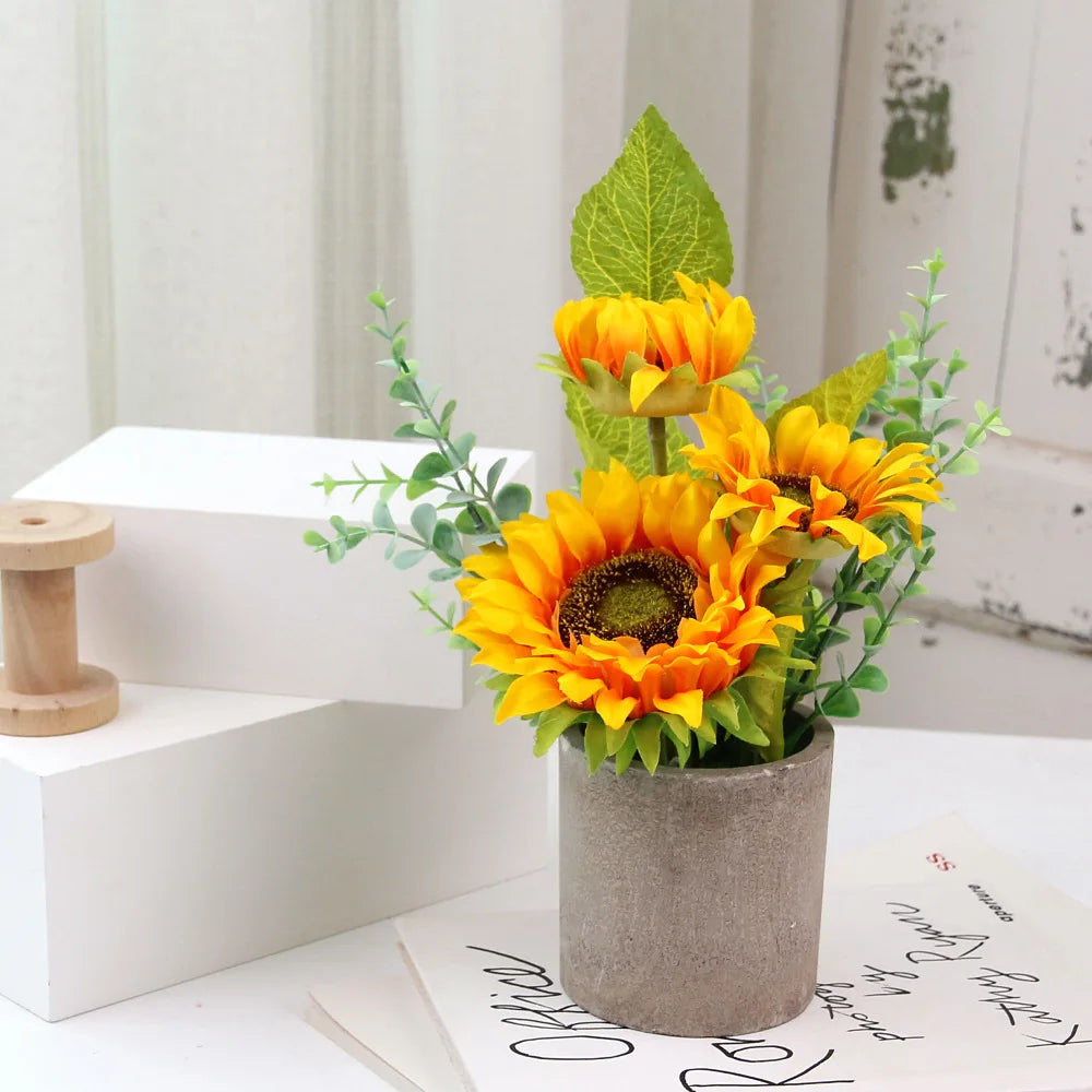 DREA New Fashion Artificial Flowers Sunflower Artificial Bonsai in Paper Pulp Pot for Home Decoration