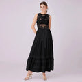 Elegant Crew Neck Sexy Sleeveless Fashion  Hollow Out Embroidery Big A-line Floor Length Women Casual Lace Dress