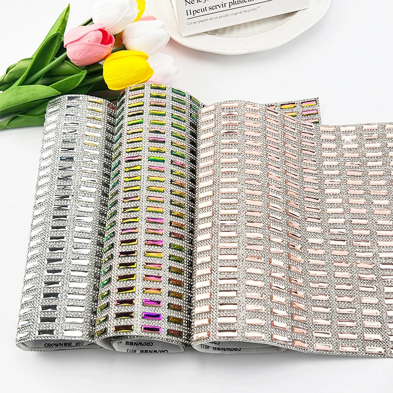 24X40Cm Bling Crystal Hot-Fix Glue Mesh Rhinestone 5*15Glass Self Adhesive Colorful Stone for Motif Diamond Rhinestone Sheet
