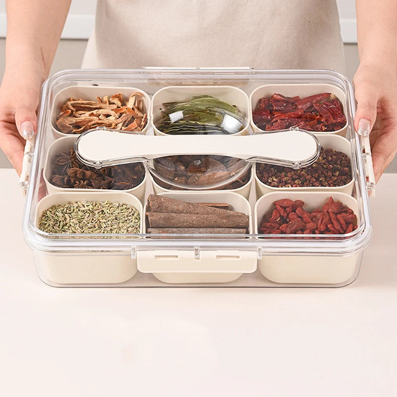 2024 NEW Portable Split Transparent Seasoning Box Plastic 9 Grid Kitchen Spice Food Refrigerator Storage Box