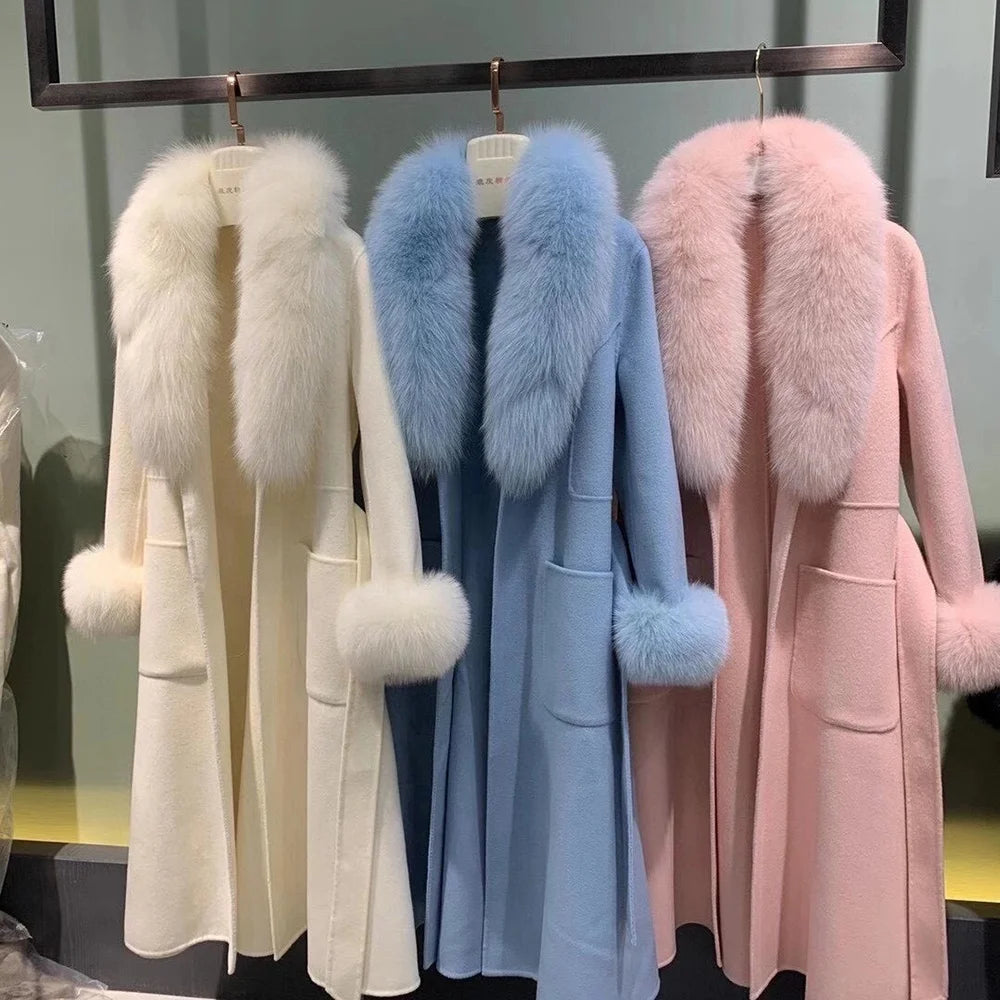 New Arrival Real Wool Coats Women Cashmere Coat With Fox Fur Collar