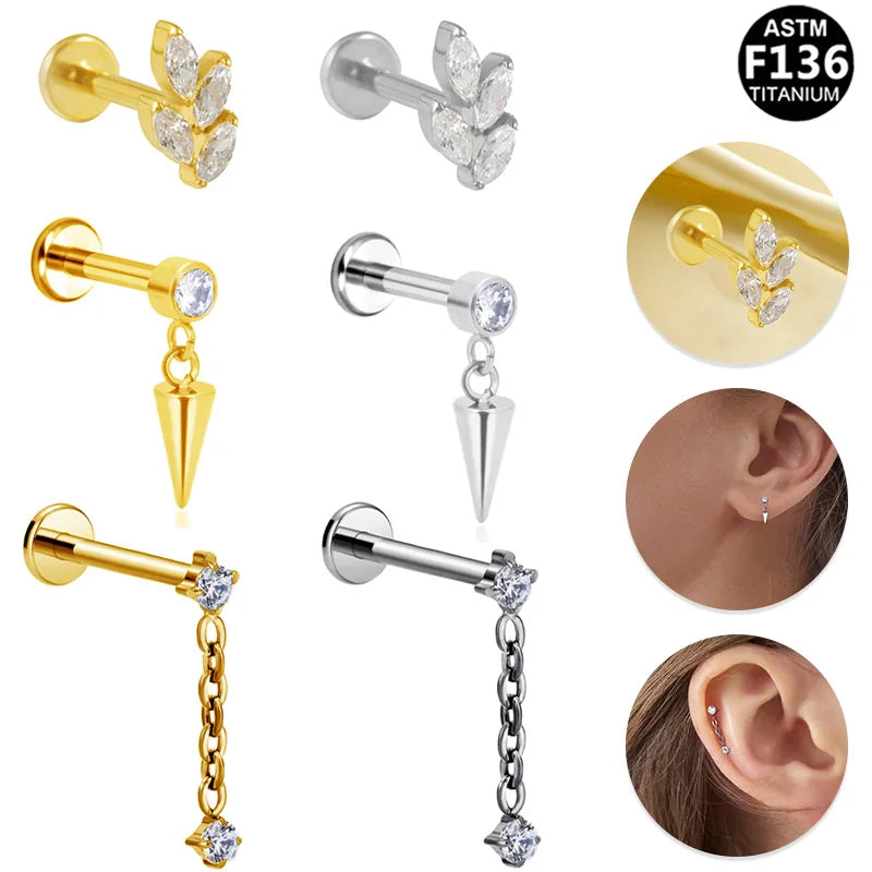 Gaby Astm F136 G23 Titanium Chain Stud Labret Dermal Helix Earrings Cartilage Threadless Body Piercing Jewelry for Women