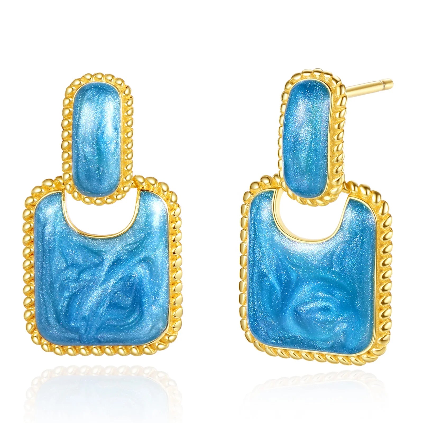 Luxury Fashion Blue Enamel square Shaped 925 Sterling Silver Gold Plate Jewelry Stud Earrings for Woman