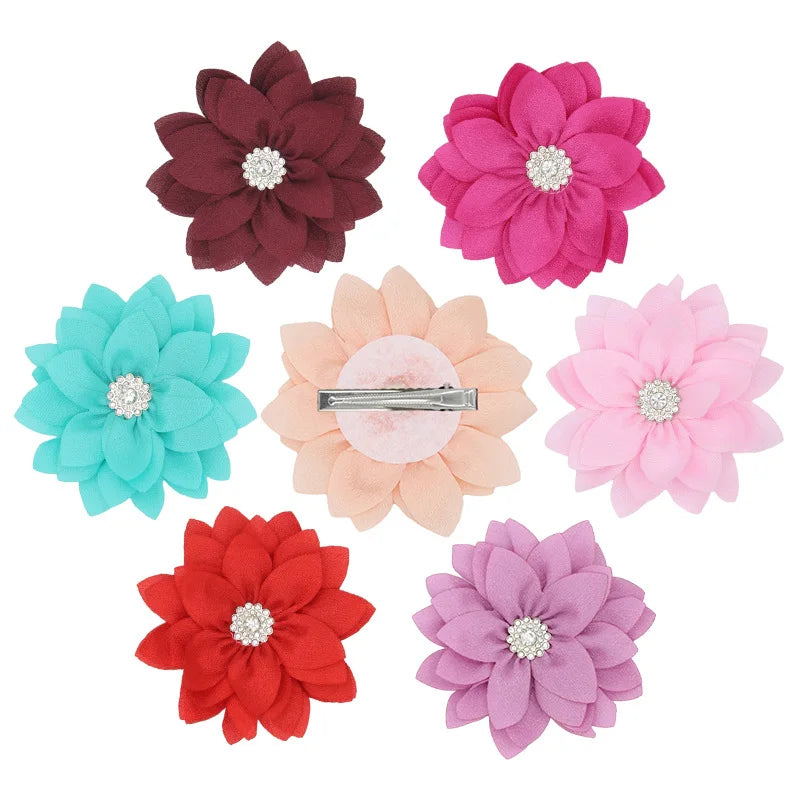 2024 Hot Selling Latest Pointed Lotus Pearl Rhinestone Chiffon Flower With Hairpin Flower Hair Clips