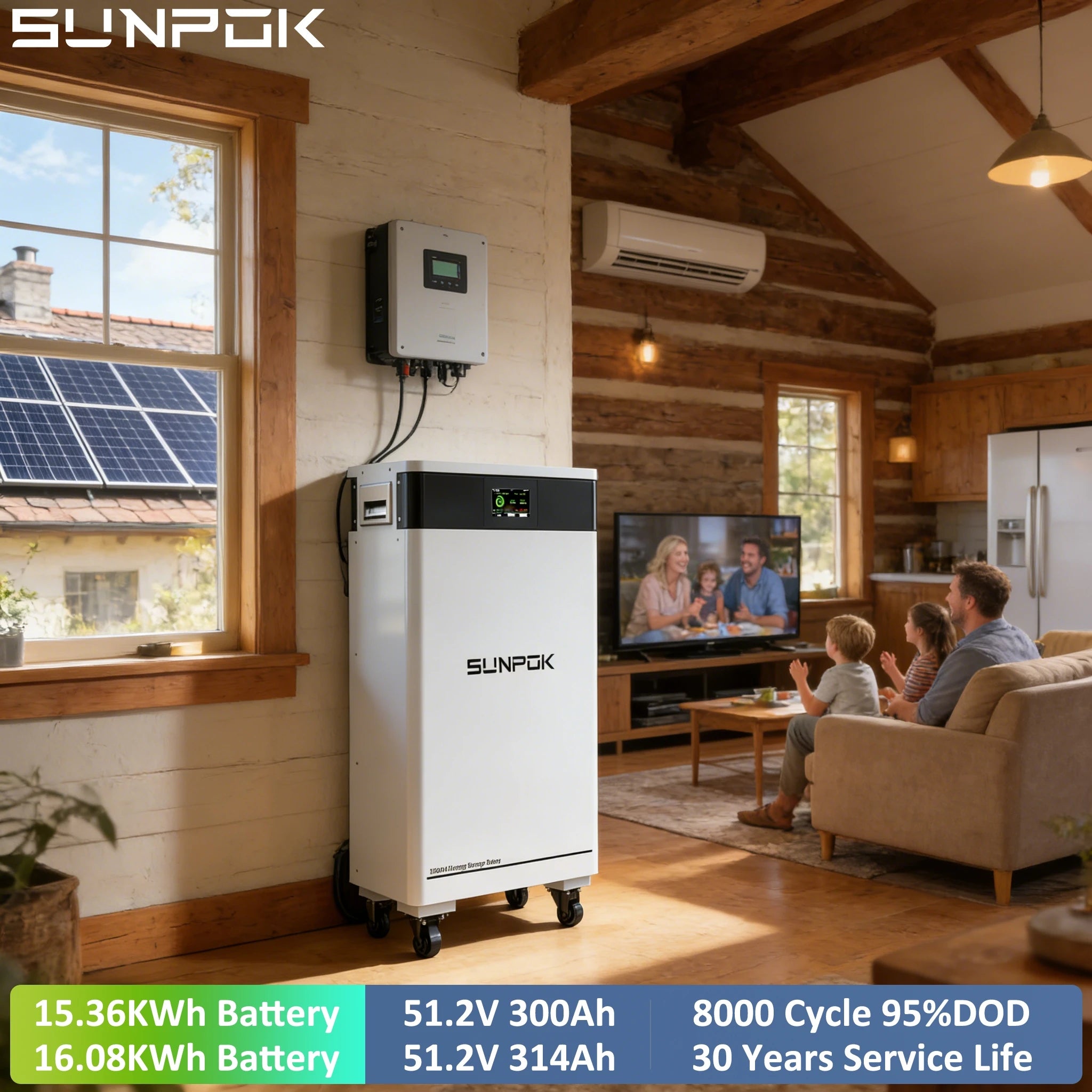 Sunpok 48V 15Kwh Lifepo4 Lithium Battery Power Floor 15Kw Solar 51.2V 300Ah Home Energy Storage Battery 8000 Cycles