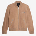 Wholesale Suede Leather Jacket Round Neck Beige Color Long Sleeves Jacket With Zipped Pocket Ribbed Edges Zip Closure Jacket