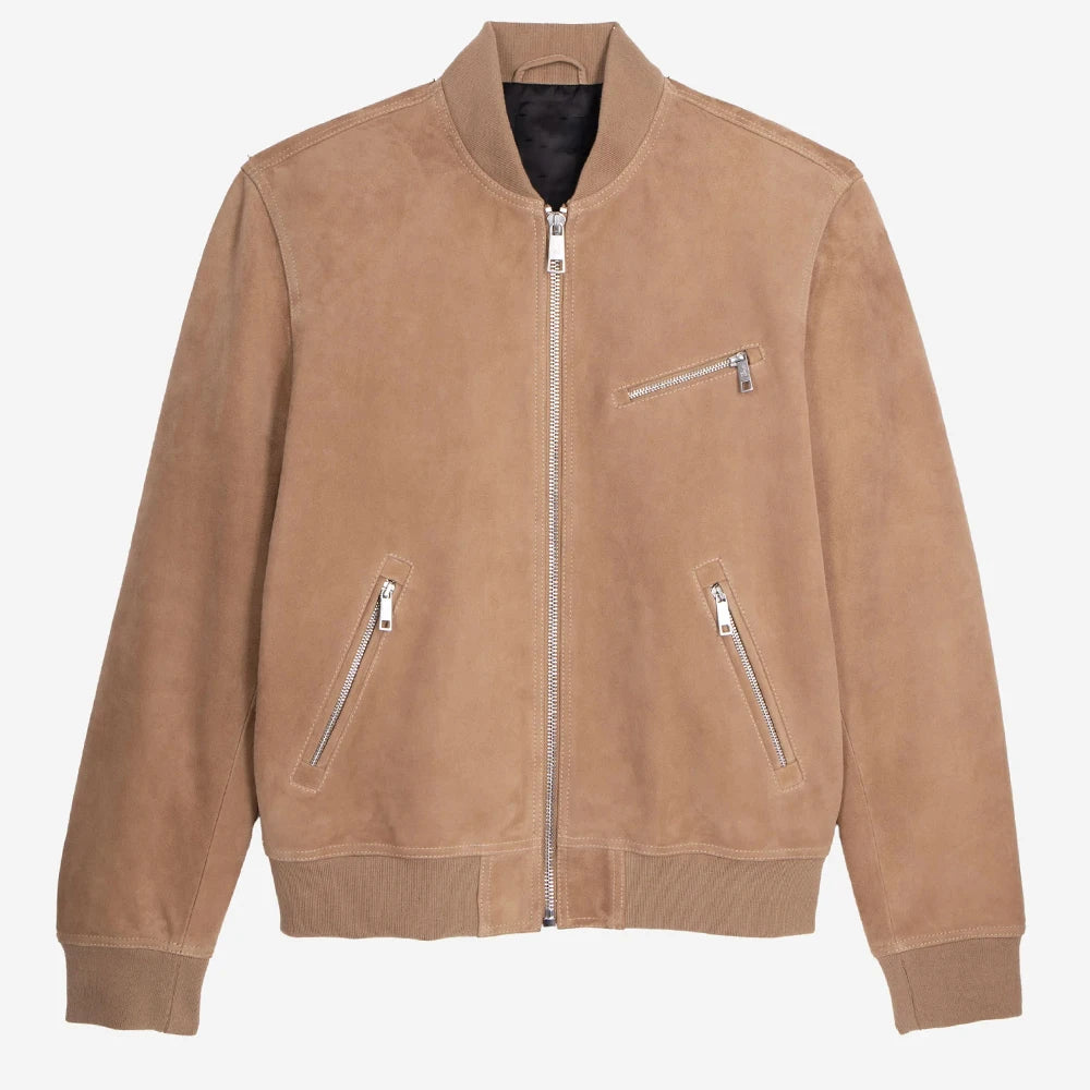 Wholesale Suede Leather Jacket Round Neck Beige Color Long Sleeves Jacket With Zipped Pocket Ribbed Edges Zip Closure Jacket