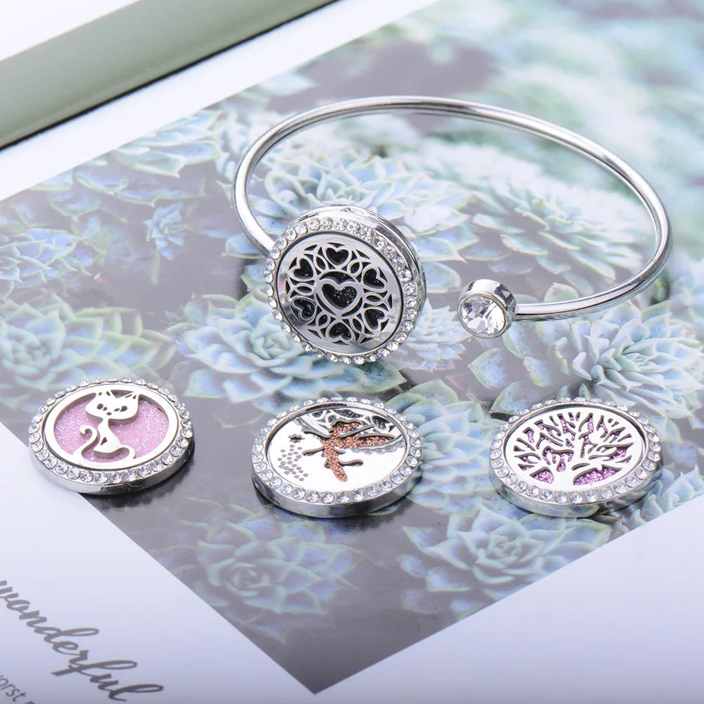 Couple's Aromatherapy Essential Oil Diffuser Open Bangle Geometry Tree Hollow Rhinestones with Perfume Box for Women Jewelry